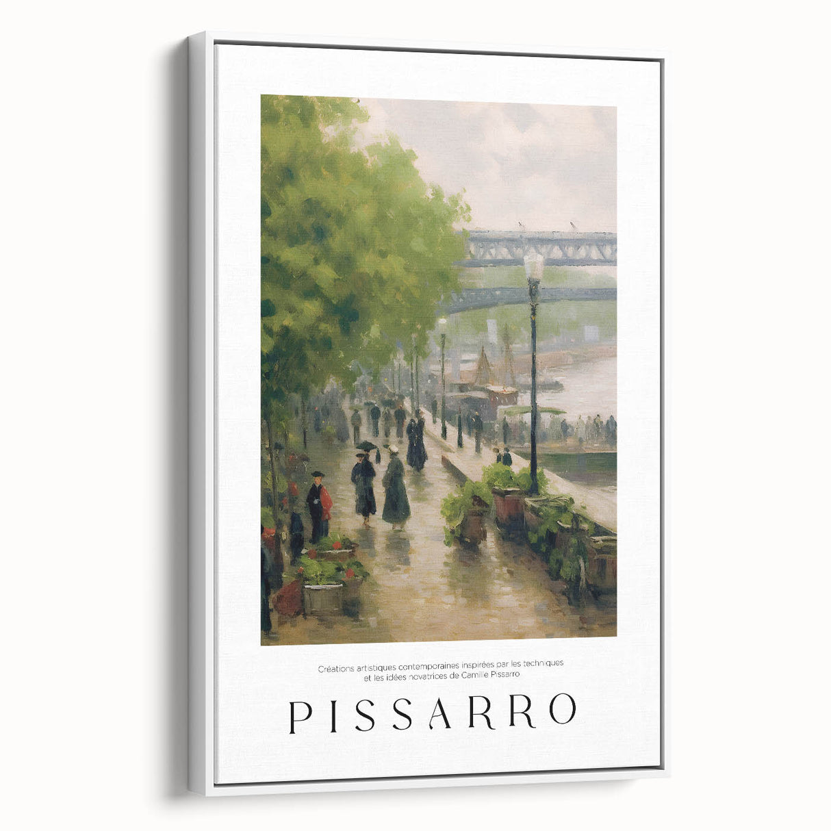 Vintage poster art of Camille Pissarro's painting on a framed canvas, featuring a colorful palette.