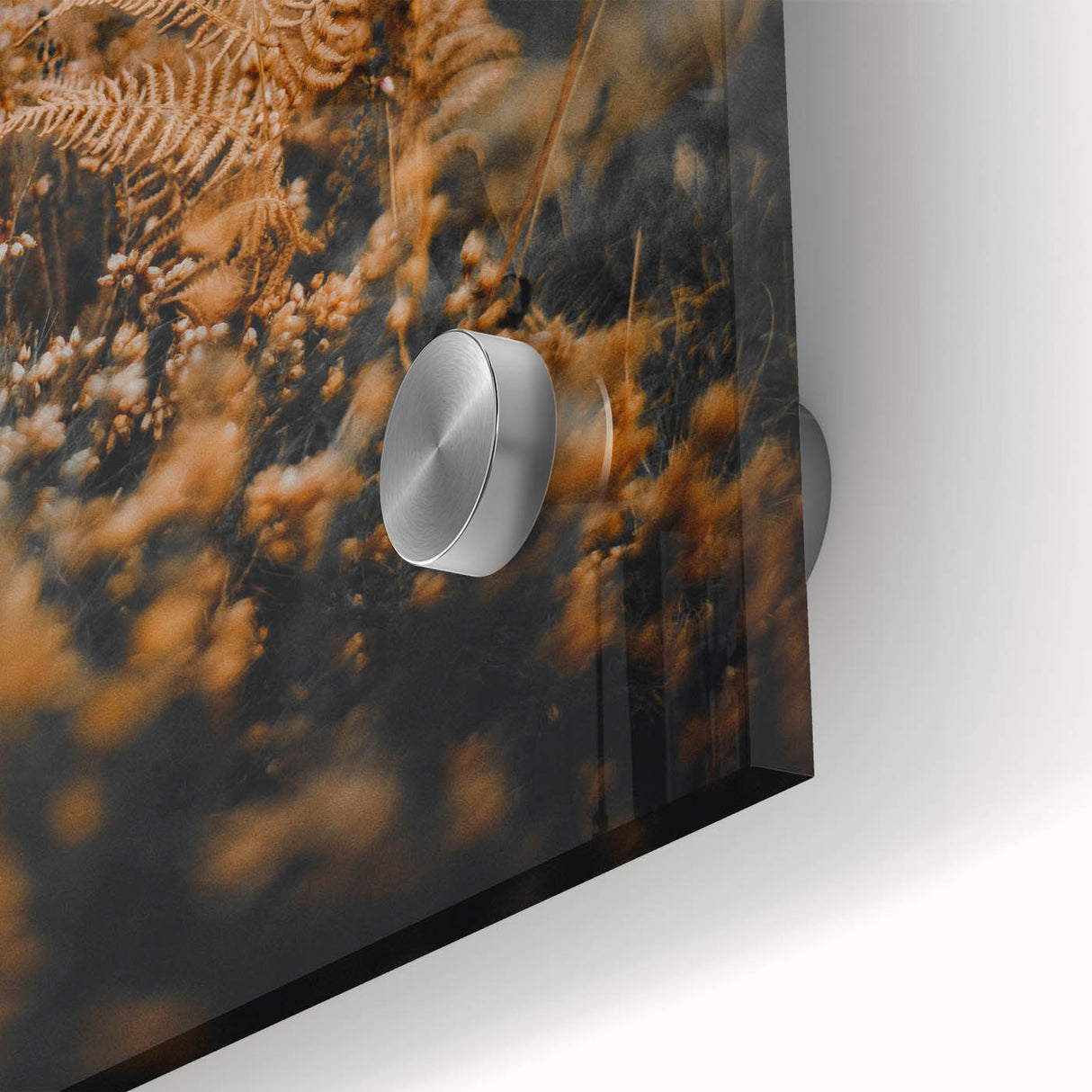 Large abstract wall art in autumnal hues on acrylic glass, featuring mid-century modernist design.