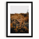 Extra large abstract art print featuring textured fall foliage in vibrant orange and red hues, framed in black.
