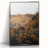 Mid-century modernist art depicting fall foliage in muted orange and brown, framed acrylic, ideal for nursery wall decor.