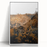 Art deco poster depicting autumn trees in gold and brown tones on a white acrylic framed print.