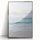 Mid-century modernist art depicting summer season in pastel shades on a silver-framed acrylic print.
