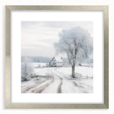 Textured art depicting an abstract winter scene in muted blue and white tones on a framed silver mat.