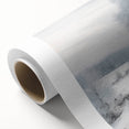 Winter-themed art deco poster featuring snowy landscape in muted blue and white tones, rolled canvas.