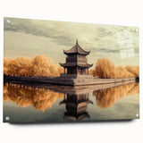 Acrylic glass artwork showcasing a side view of a majestic castle landscape design mounted with pins, featuring vibrant colors and intricate details, perfect for home decor.