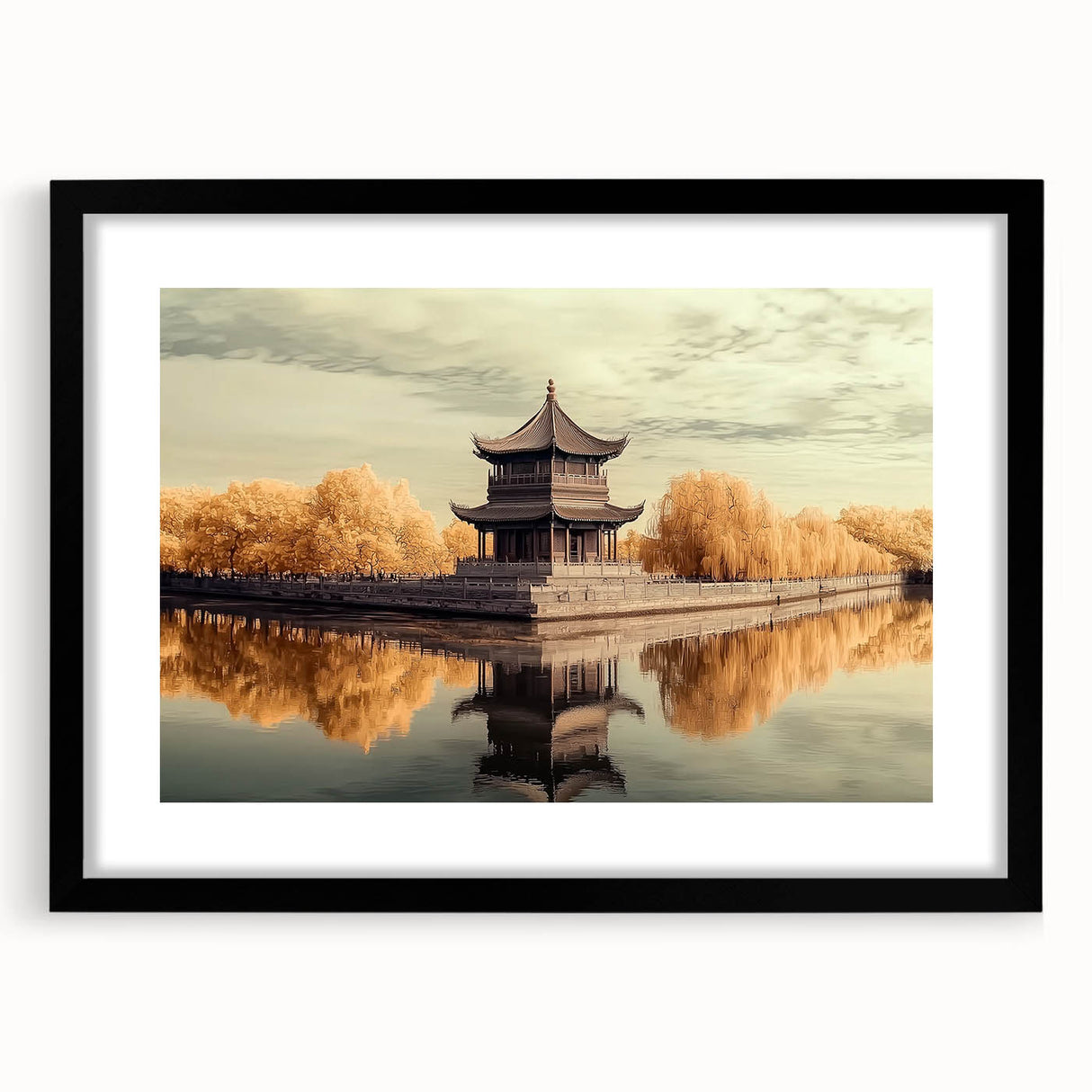 Black-framed landscape art print showcasing a majestic castle surrounded by lush greenery, ideal for home decor, with a sleek matte finish enhancing its elegance.