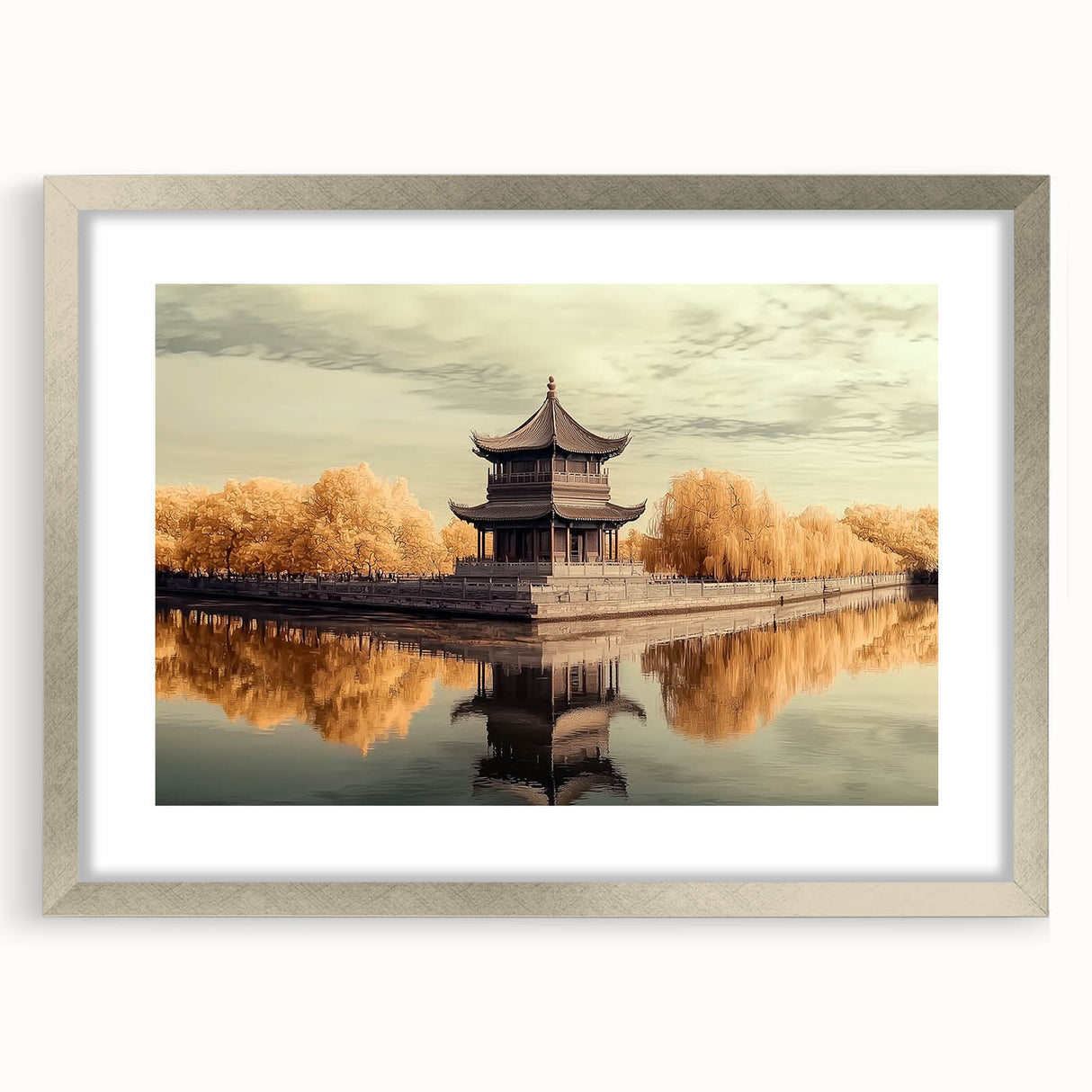 Elegant silver-framed landscape artwork featuring a serene castle scene, presented with a white mat, ideal for enhancing home decor and interior design aesthetics.