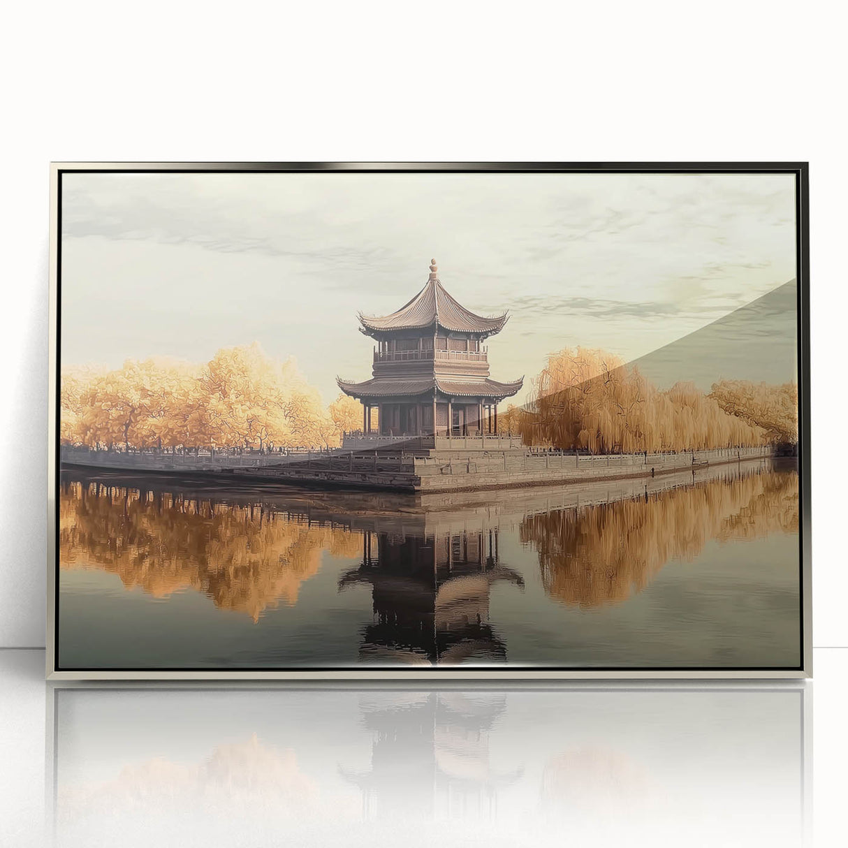 Framed acrylic artwork depicting a picturesque castle landscape in silver tones, showcasing intricate details and vibrant colors, ideal for home decor.