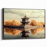 Framed canvas art depicting a picturesque landscape with a medieval castle, showcasing vibrant colors and detailed textures, ideal for home decor.