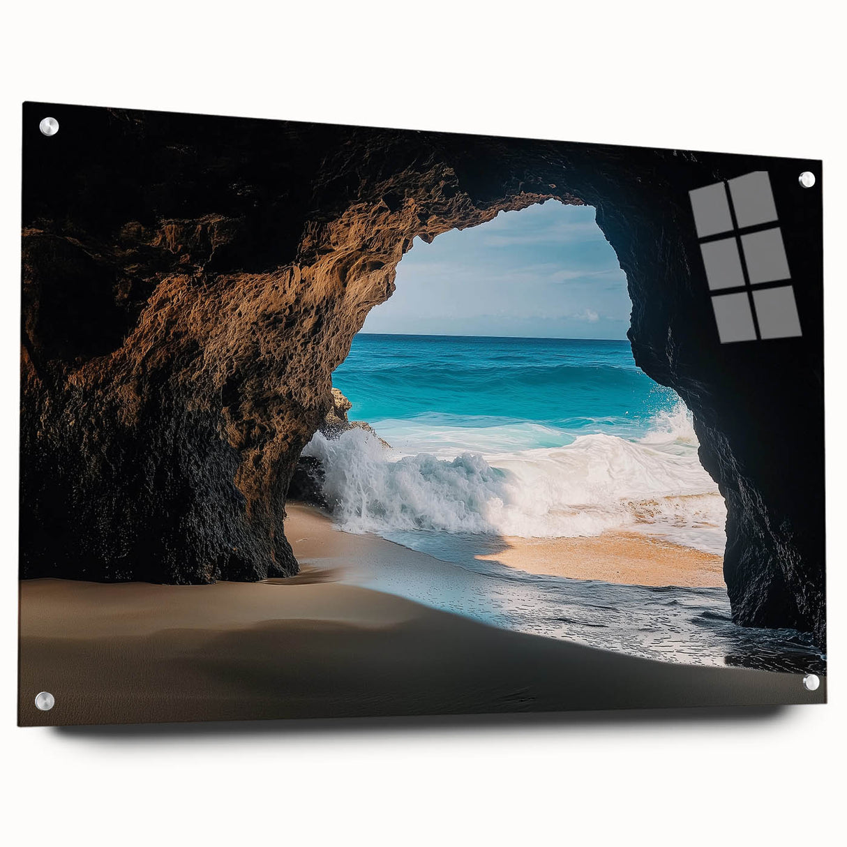 Acrylic glass artwork showcasing a stunning side view of a cave landscape design, featuring vibrant colors and intricate pin detailing, perfect for home decor.
