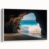 Framed canvas artwork showcasing a serene landscape scene with caves and natural elements, presented in a sleek white frame, ideal for home decor enhancement.