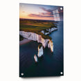 Acrylic artwork depicting a dramatic cliff landscape, showcasing vibrant colors and intricate details, presented in a sleek glass frame with decorative pins. Perfect for modern home decor.