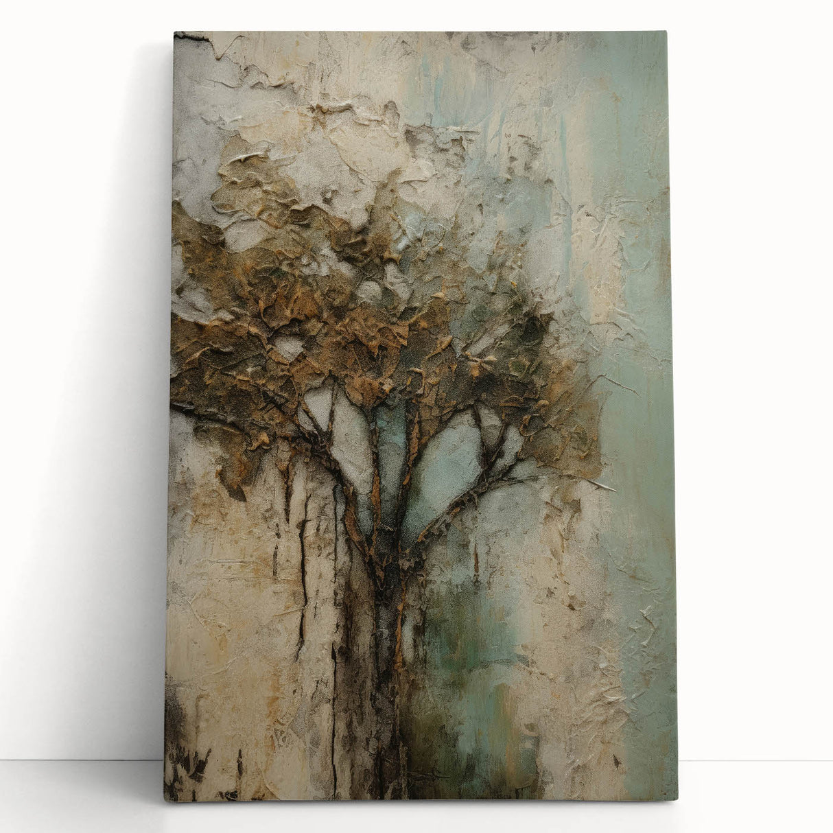 Textured Tree Living Room Wall Art – Rustic Brown & Teal Canvas