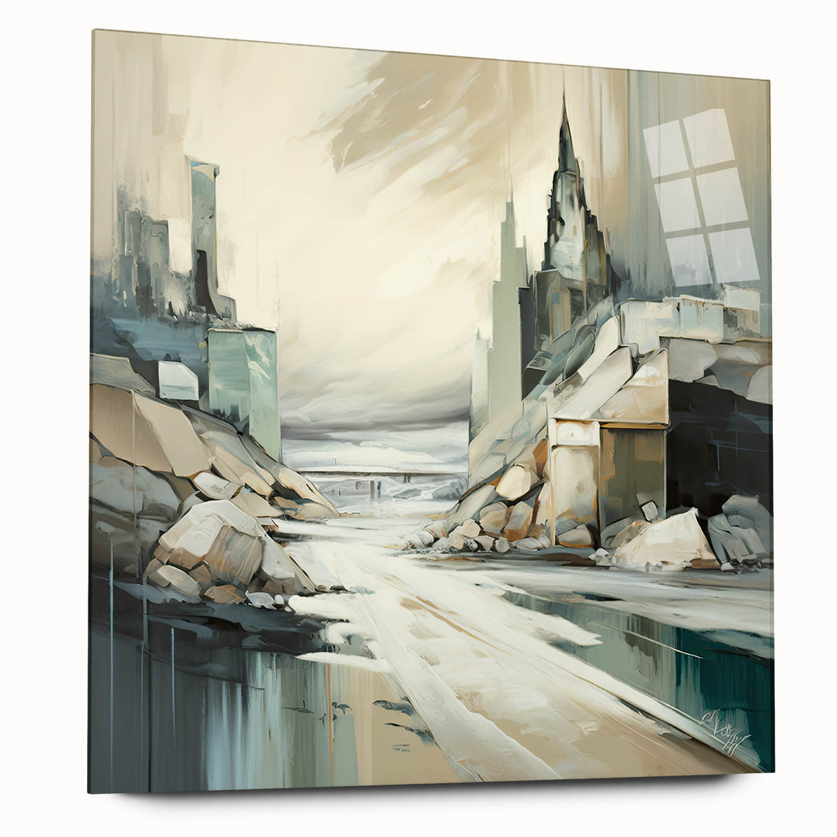 Abstract architectural wall art displayed in a sleek acrylic frame, showcasing geometric patterns and vibrant colors, perfect for modern home decor.