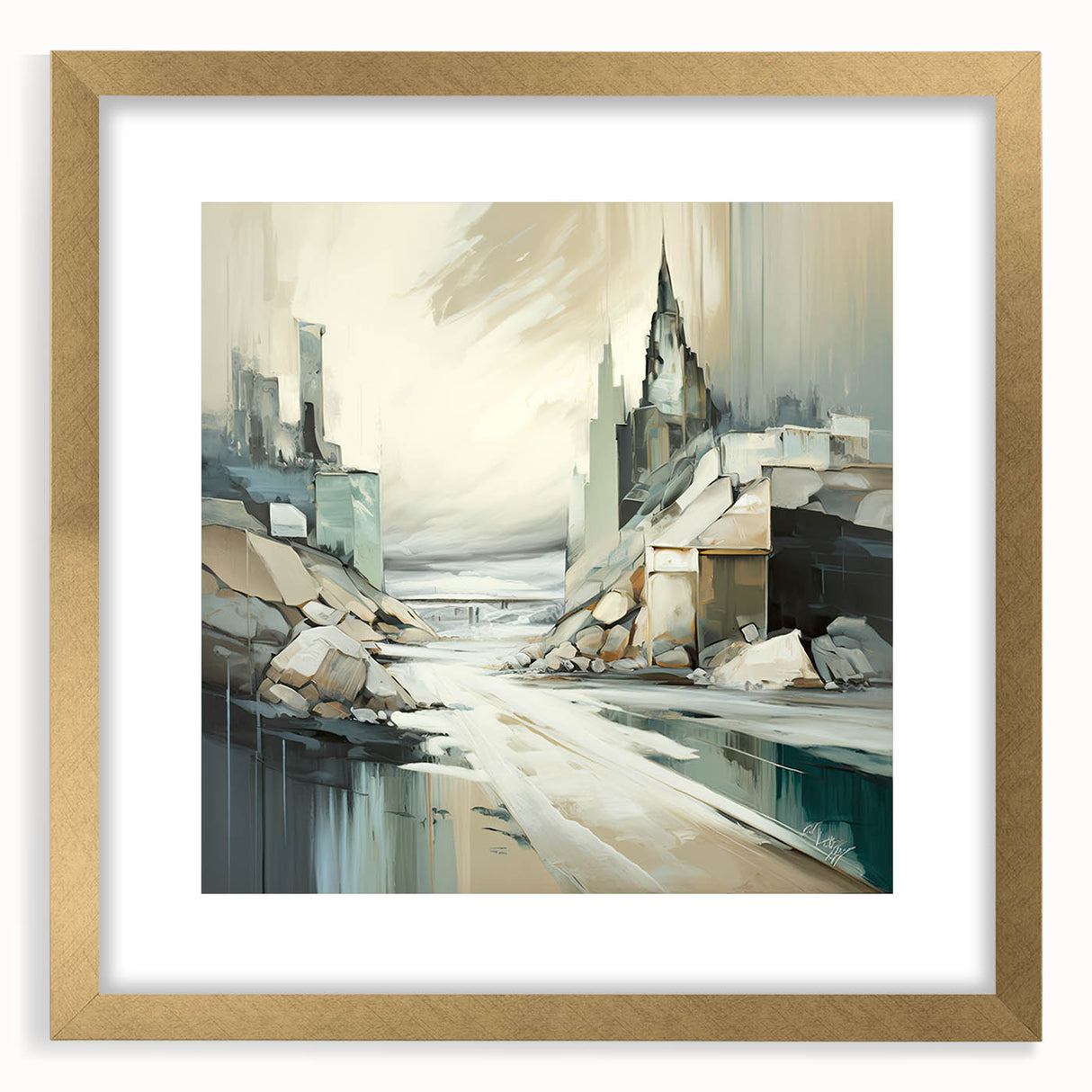 Abstract architecture wall art print in a gold frame with a mat, showcasing intricate geometric patterns and a modern aesthetic, perfect for contemporary decor.