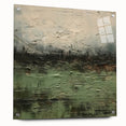 Abstract landscape wall art displayed in a side view, featuring vibrant colors and geometric shapes, mounted with pins on a sleek acrylic glass surface, enhancing modern decor.