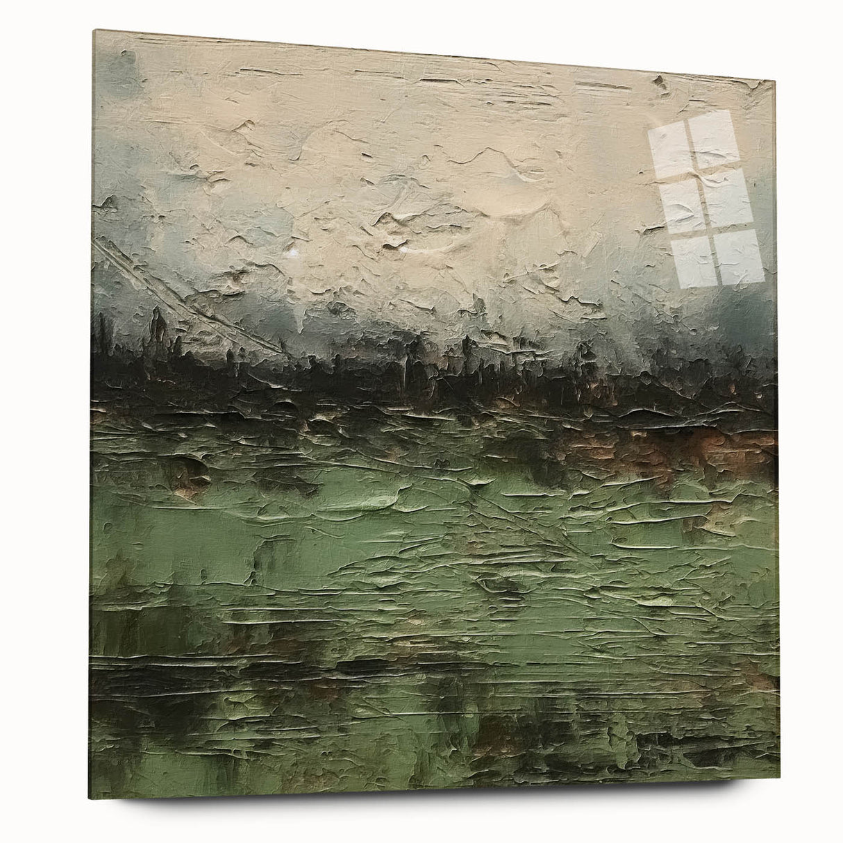 Abstract landscape wall art displayed in a sleek acrylic frame, showcasing vibrant colors and dynamic shapes, perfect for modern home decor. The piece emphasizes a contemporary artistic style that enhances any living space.