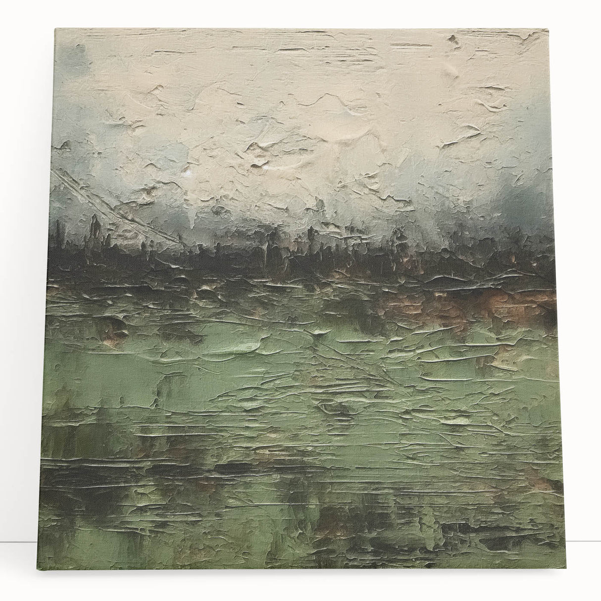 Abstract landscape wall art on stretched canvas, showcasing vibrant colors and fluid shapes, leaning against a neutral wall, perfect for modern home decor.