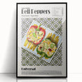 Large abstract wall art featuring assorted food dishes in muted earth tones on a framed acrylic, ideal for dining room decor.