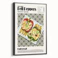 Framed canvas featuring a black and white vintage poster of assorted dishes, ideal for bedroom wall decor.