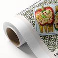 Art deco poster featuring an array of colorful food dishes on rolled canvas, suitable for dining room decor.