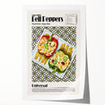 Rolled print featuring a variety of illustrated food dishes in muted earth tones, ideal for dining room wall art.