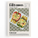 Black and white stretched canvas featuring various food dishes, ideal for kitchen wall art.