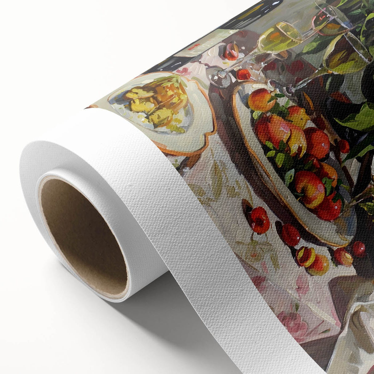 Art deco poster featuring colorful geometric shapes on rolled canvas, suitable for dining room decor.