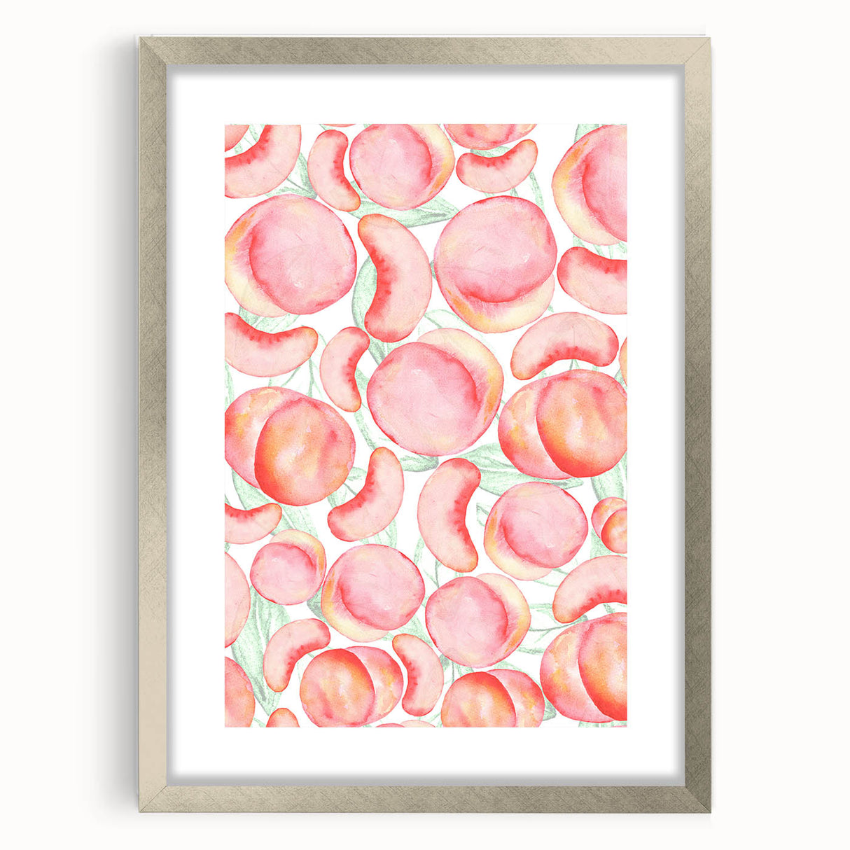 Textured art print featuring abstract design of colorful fruits on a silver-framed canvas, ideal for bedroom decor.