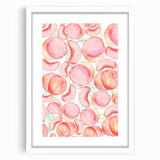 Abstract art print of various fruits in vibrant colors on a white framed poster, ideal for dining room decor.