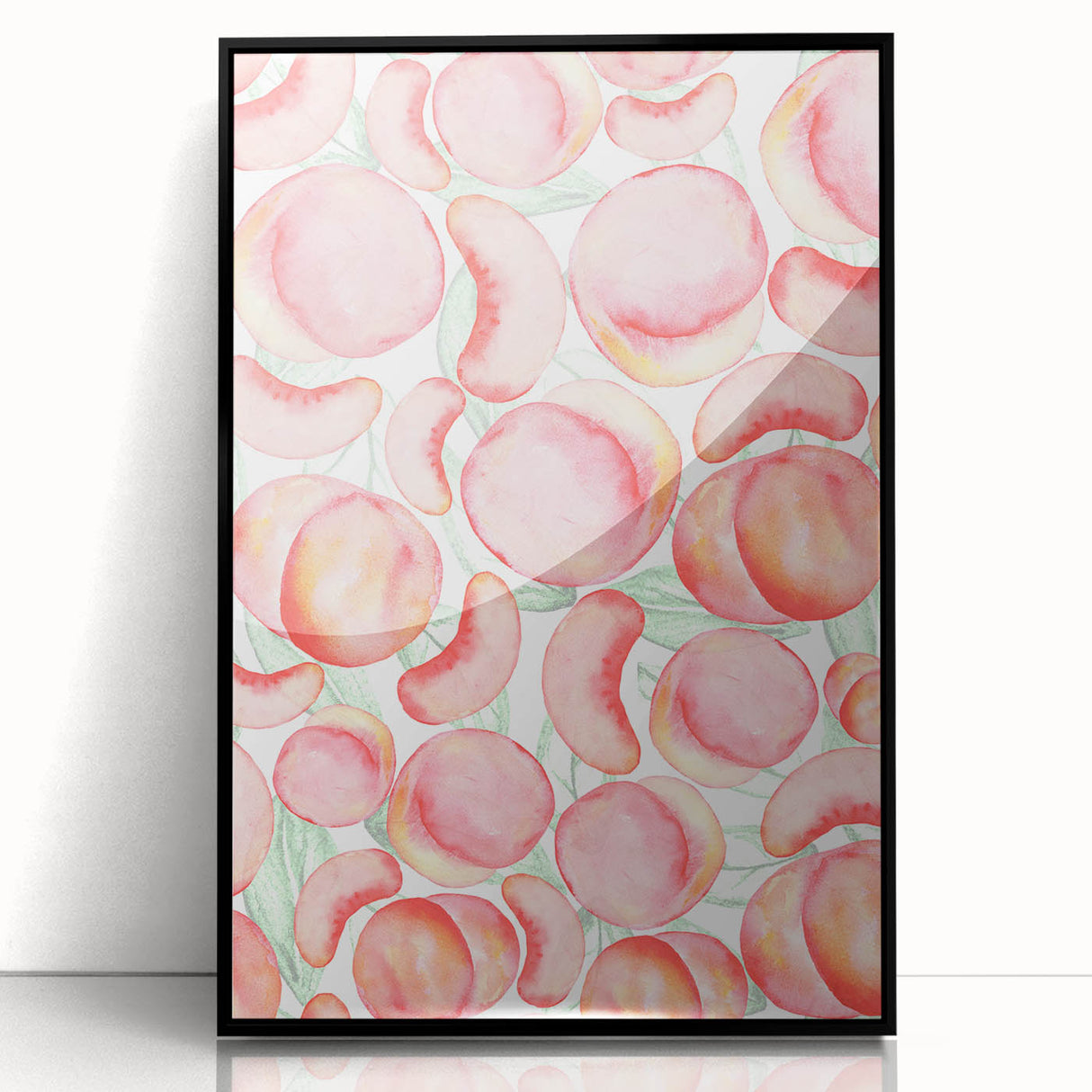 Large abstract wall art of assorted fruits in vibrant colors on a black acrylic frame, ideal for kitchen decor.