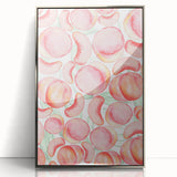 Mid-century modernist art featuring an array of colorful fruits on a silver-framed acrylic, ideal for modern kitchen decor.