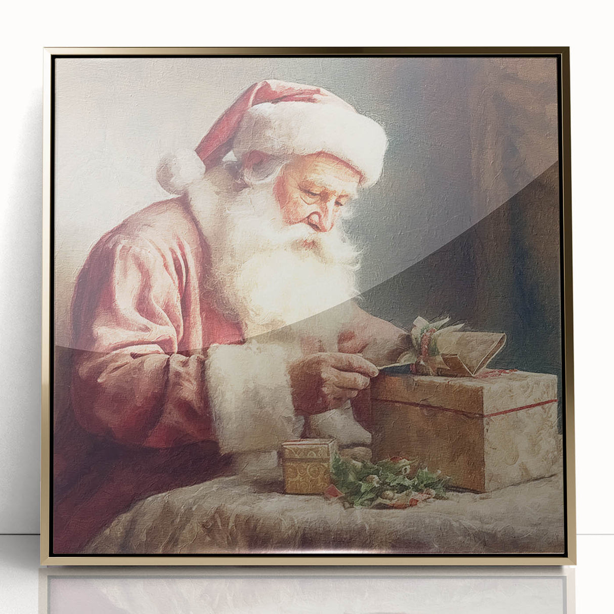 Holiday Decor Prints - Santa Wrapping Gifts Festive Canvas Art
