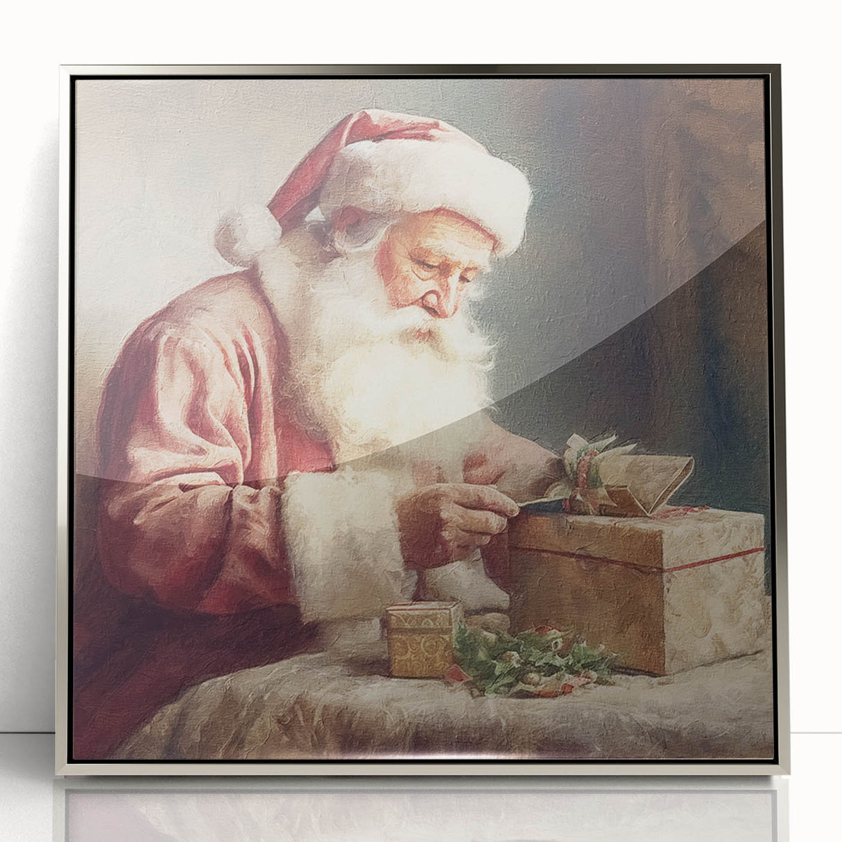 Holiday Decor Prints - Santa Wrapping Gifts Festive Canvas Art