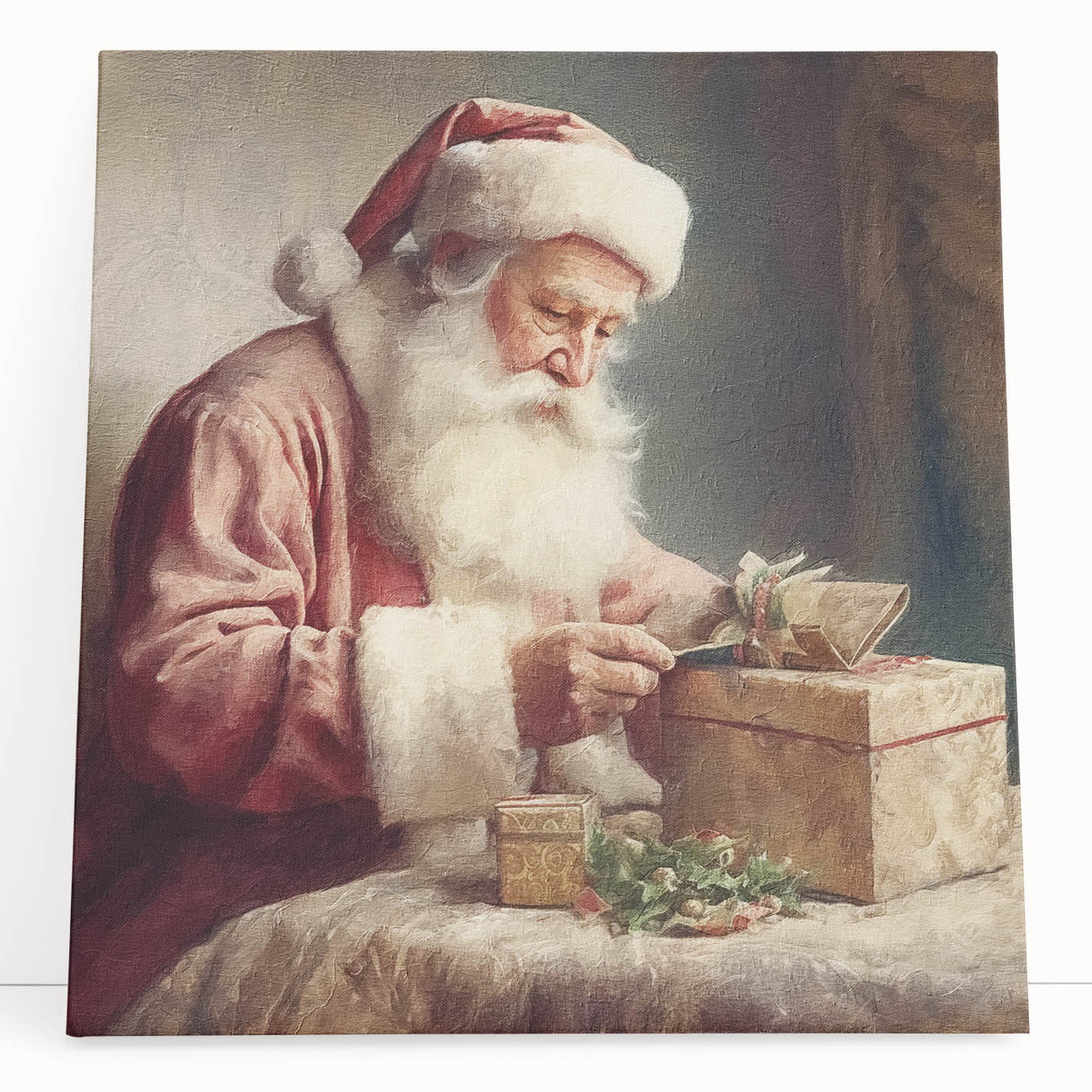 Holiday Decor Prints - Santa Wrapping Gifts Festive Canvas Art