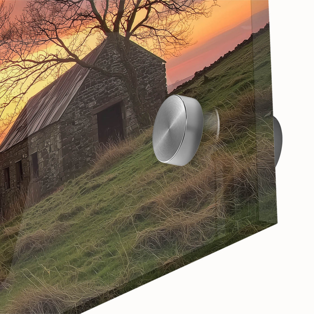 Close-up of a vibrant landscape barn acrylic glass artwork showcasing rich colors and intricate details, perfect for enhancing home decor and artistic ambiance.