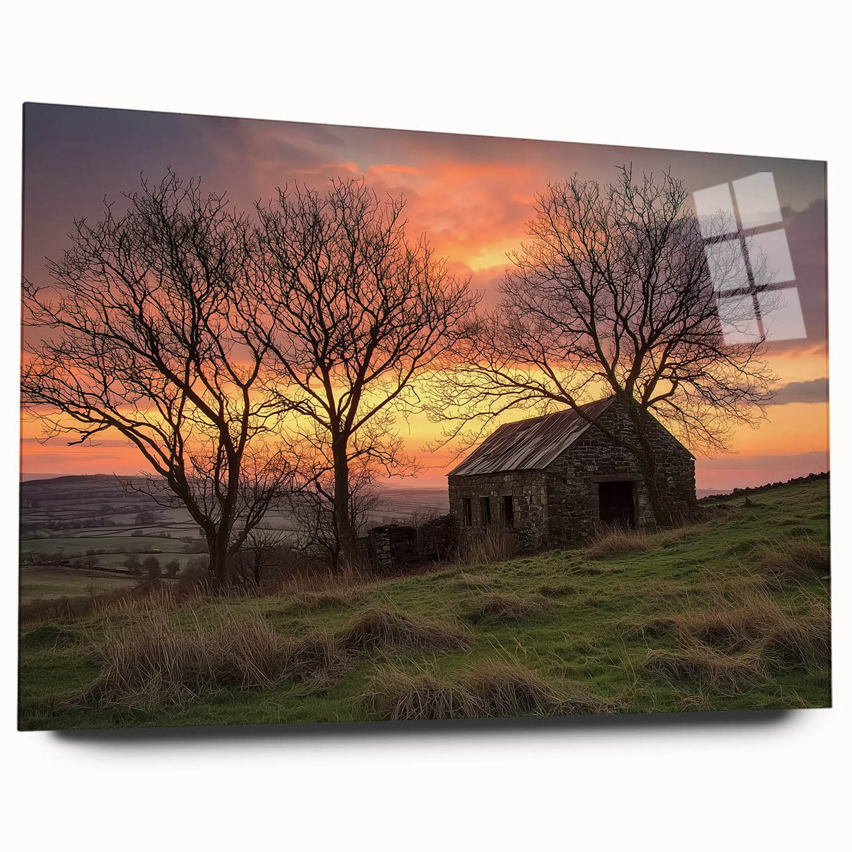 Side view of a landscape acrylic glass art piece depicting a rustic barn scene, showcasing vibrant colors and intricate details, ideal for home decoration.