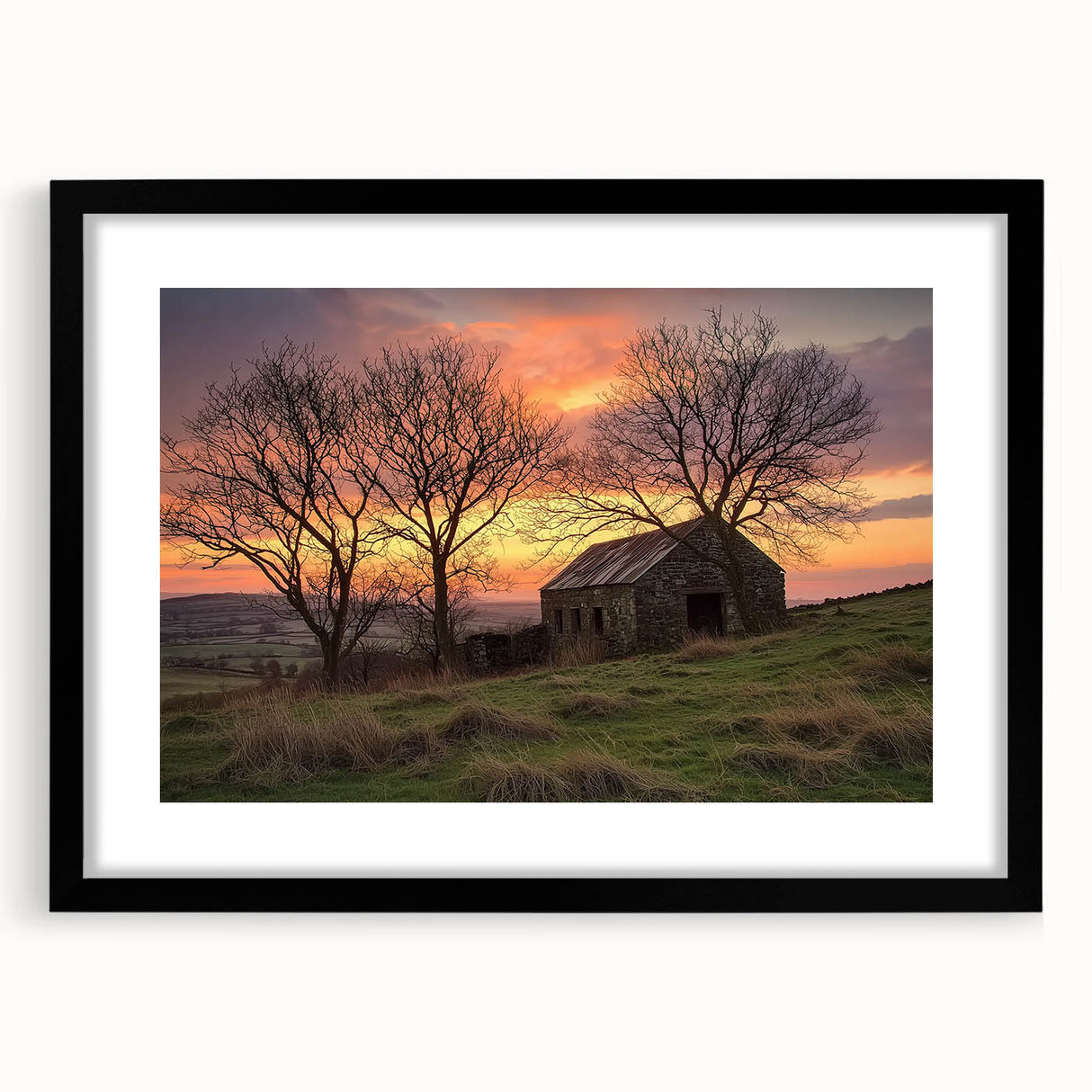 Landscape barn frame in matte black showcasing a rustic design, ideal for home decor or gallery displays, emphasizing its elegant lines and sturdy construction.