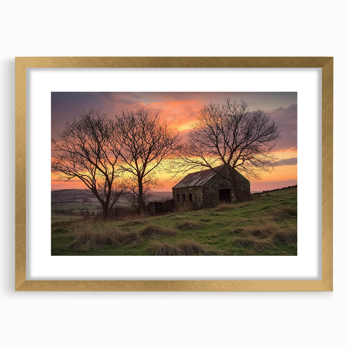 Gold-framed barn landscape artwork showcasing a serene rural scene, featuring lush greenery and a tranquil sky, perfect for enhancing home decor.