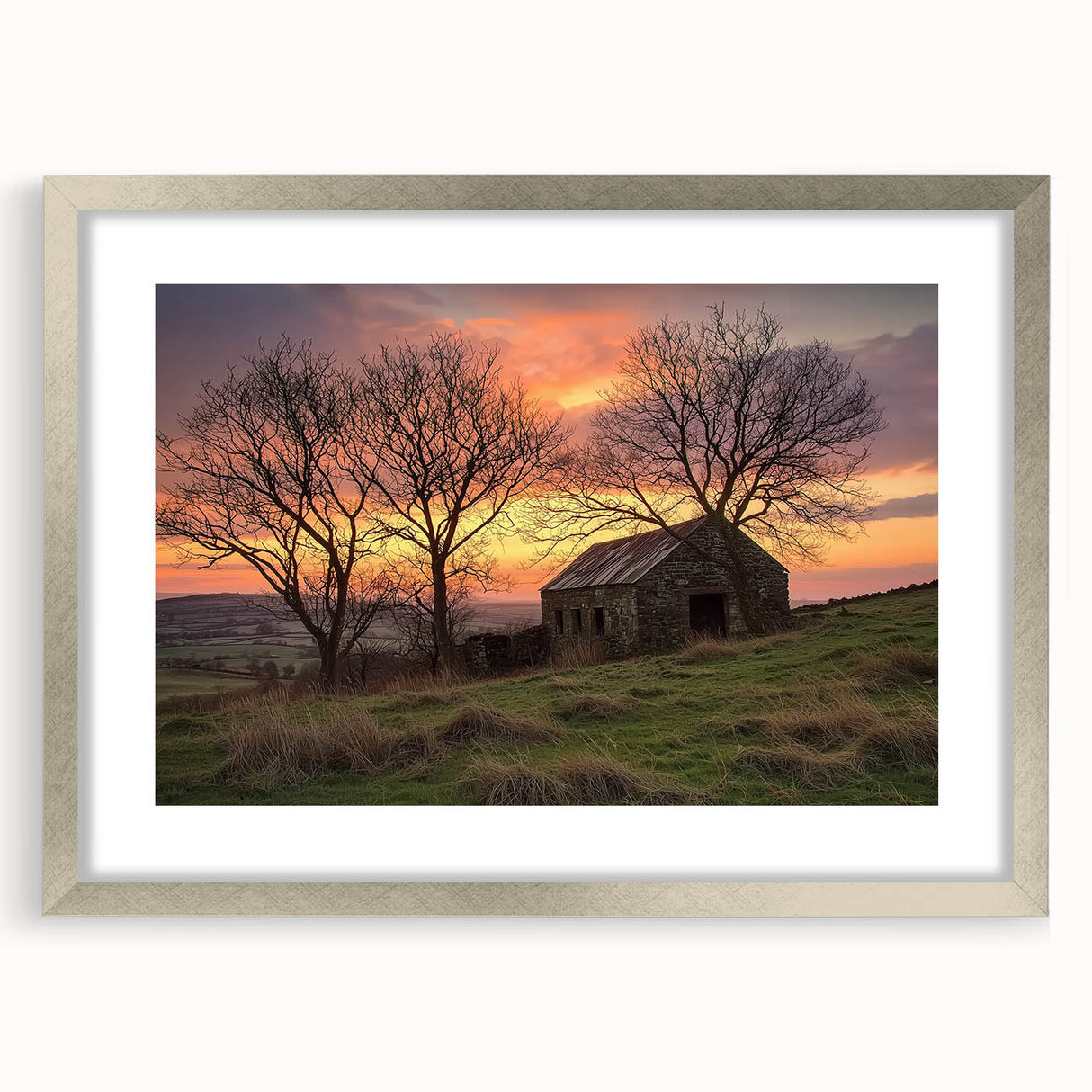 Landscape barn frame with a silver mat showcasing a scenic artwork, highlighting rustic charm and elegance, perfect for home decor or gallery display.