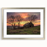 Landscape barn frame with a silver mat showcasing a scenic artwork, highlighting rustic charm and elegance, perfect for home decor or gallery display.
