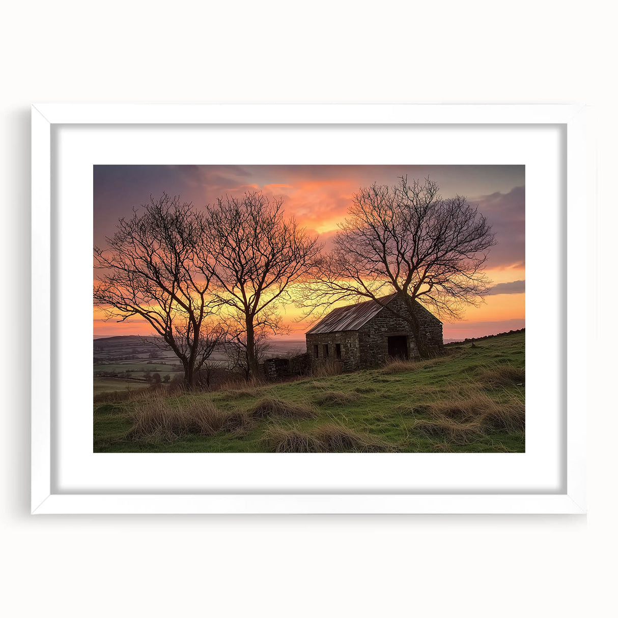 Landscape barn frame displaying a white mat, designed for showcasing artwork or photographs, with a rustic wood finish that enhances its country charm.