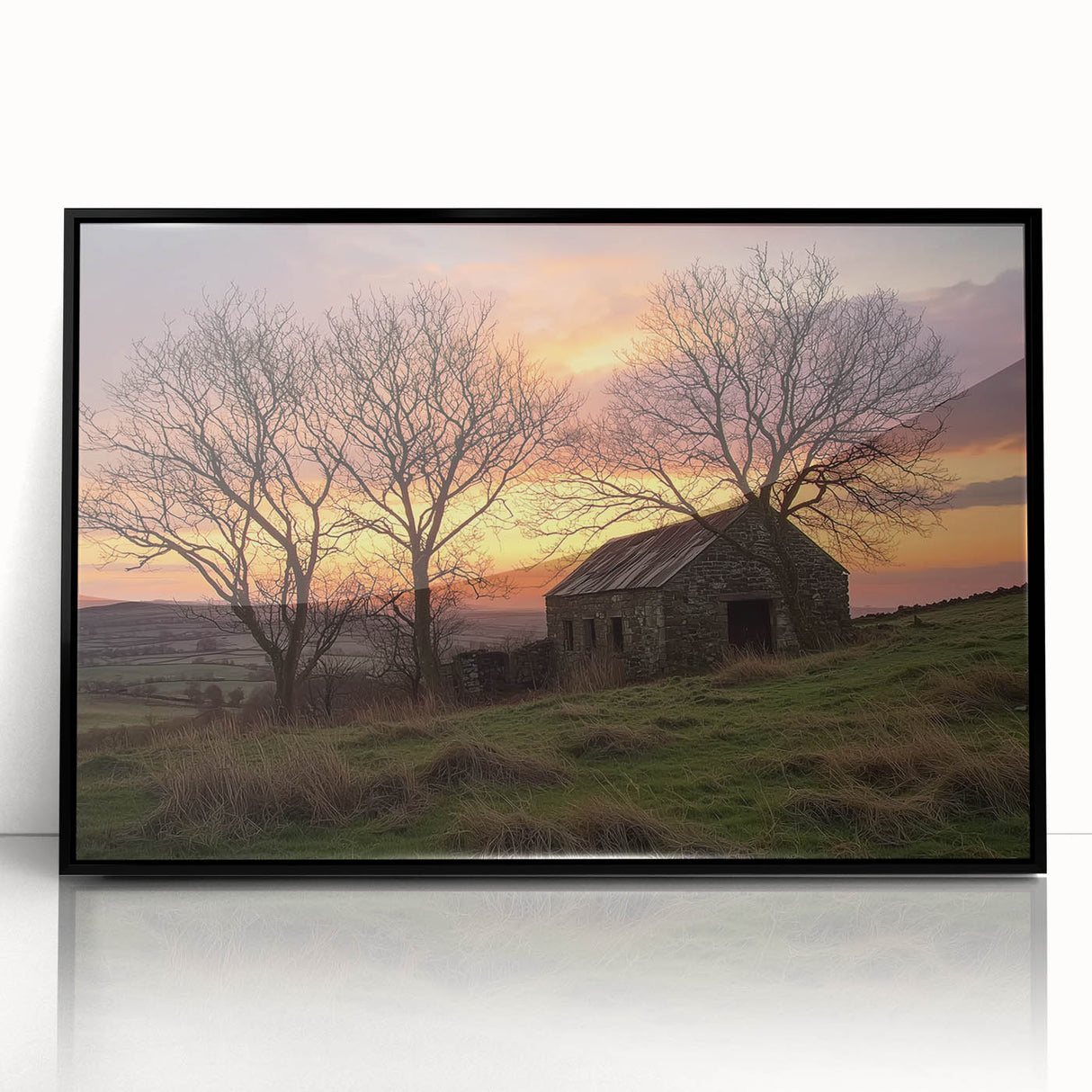 Framed acrylic artwork showcasing a landscape design with a black frame, emphasizing vivid colors and intricate details, ideal for modern home decor.