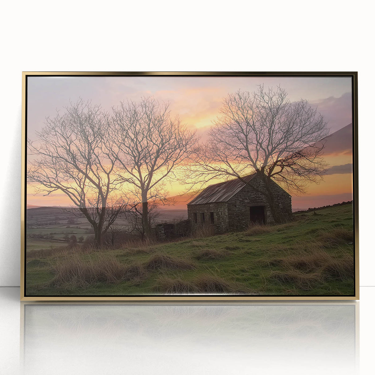 Framed acrylic artwork showcasing a golden landscape of a barn, featuring vibrant colors and intricate details, perfect for modern home decor.