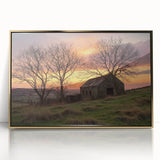 Framed acrylic artwork showcasing a golden landscape of a barn, featuring vibrant colors and intricate details, perfect for modern home decor.