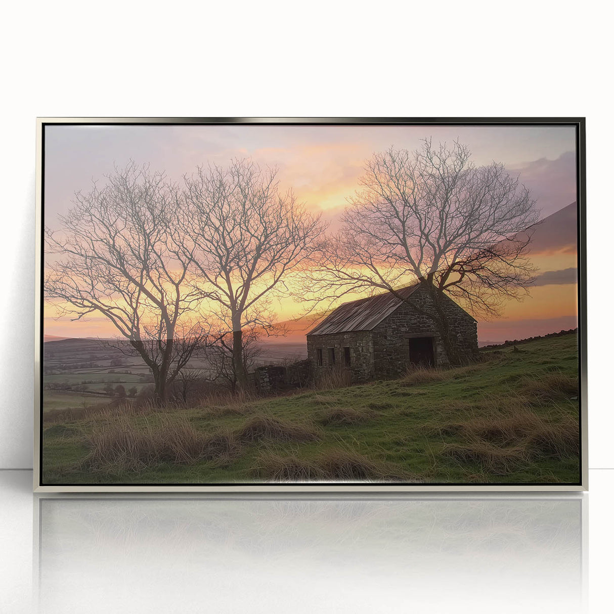 Framed acrylic artwork showcasing a stunning landscape of a rustic barn, featuring vibrant colors and intricate details, perfect for home decor enthusiasts.
