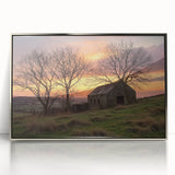 Framed acrylic artwork showcasing a stunning landscape of a rustic barn, featuring vibrant colors and intricate details, perfect for home decor enthusiasts.