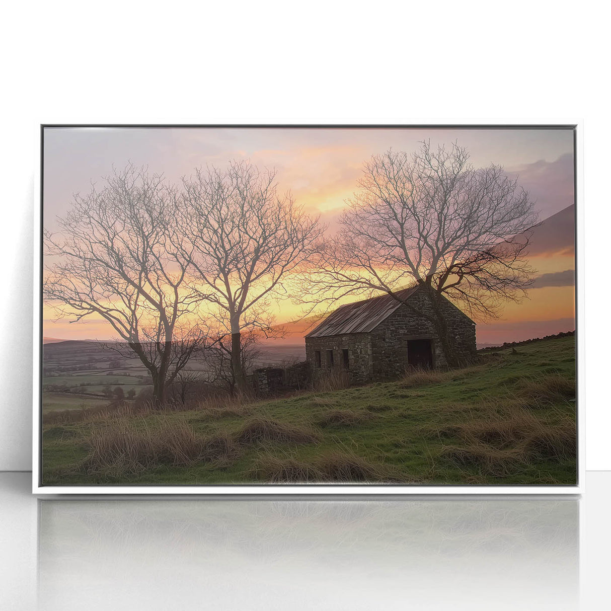 Framed acrylic art print showcasing a serene landscape with a rustic barn, featuring vibrant colors and detailed textures, perfect for home decor enhancement.