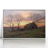 Framed acrylic art print showcasing a serene landscape with a rustic barn, featuring vibrant colors and detailed textures, perfect for home decor enhancement.