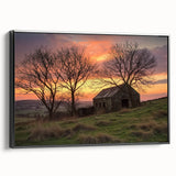 Landscape barn-framed canvas artwork showcasing a rustic black design, viewed from the side, perfect for enhancing home decor with a touch of elegance.